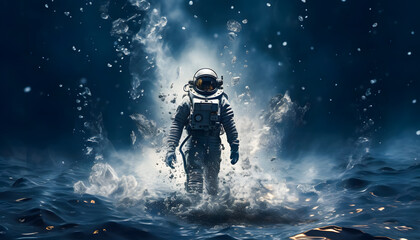 An astronaut walking on the surface of a desolate planet surrounded by smoke and flying debris. The astronaut, clad in a space suit, appears determined as they navigate the harsh environment