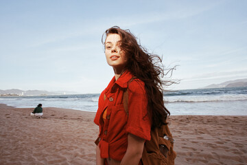 Joyful Smiling Woman, Embracing Freedom and Fun on a Summer Beach Vacation