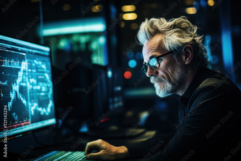 Poster a silver-maned gentleman sits at a computer, engrossed in a coding tutorial, showcasing the modern p