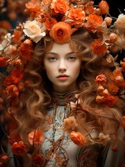 Un Retrato Floral de una Mujer Misteriosa y Elegante, Oculta Entre Flores Coloridas © artDefinity