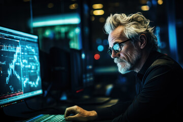 A silver-maned gentleman sits at a computer, engrossed in a coding tutorial, showcasing the modern pursuit of learning new technological skills in retirement. Generative Ai.