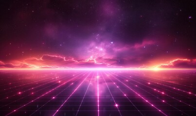 purple space with stars, retro visuals, grid formations
