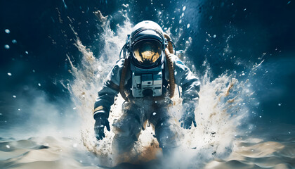 An astronaut walking on the surface of a desolate planet surrounded by smoke and flying debris. The astronaut, clad in a space suit, appears determined as they navigate the harsh environment