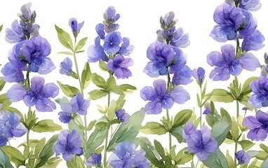 watercolor lavender flowers on background, green leaves watercolor 