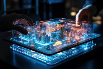 A futuristic smart device with a transparent glass screen displays holographic images, illustrating the seamless integration of technology and transparency. Generative Ai.