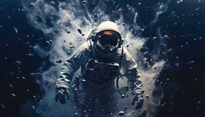 An astronaut walking on the surface of a desolate planet surrounded by smoke and flying debris. The astronaut, clad in a space suit, appears determined as they navigate the harsh environment