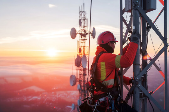 engineer wearing safety gear working at top of signal antenna.Working at height.