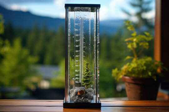 A clear glass rain gauge collects droplets, quantifying the precipitation and providing a tangible measure of nature's bounty. Concept of transparent weather tracking. Generative Ai.