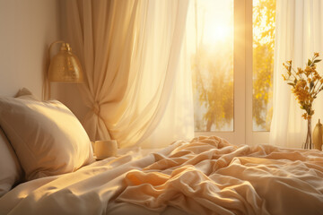 Morning sunlight filters through delicate curtains, casting a warm and golden glow across the room, awakening a sense of tranquility. Concept of gentle dawn illumination. Generative Ai. - obrazy, fototapety, plakaty