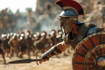 Gladiator fighting with shield and sword in arena