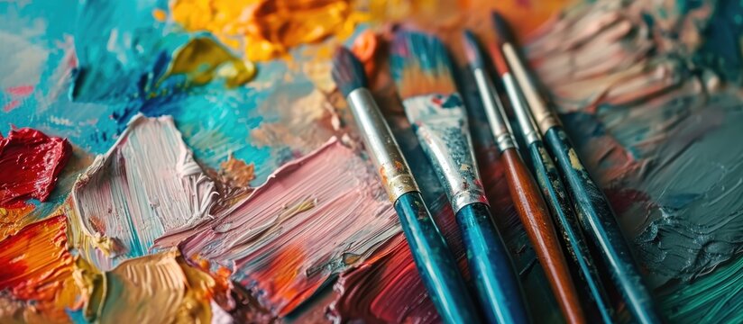 Art supplies and fresh water on a flowered tablecloth.