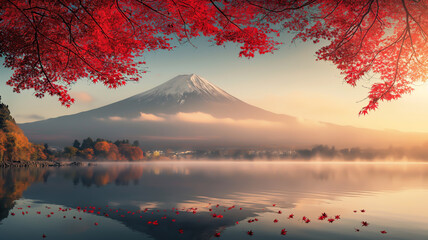 Autumnal Serenity at Mount Fuji with Red Maples
