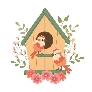 recommend clip art: Cute birdhouse with birds, decorated with flowers and leaves. Spring clip art in flat cartoon style. Spring holiday illustration. Vector
