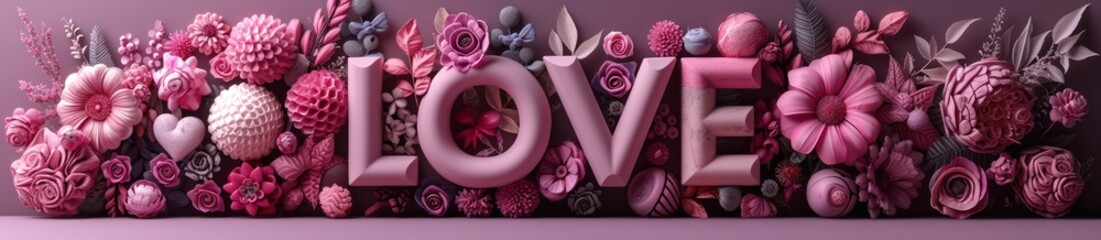 love lettering and flower 3d visualizations, organic fluid shapes, purple and pink