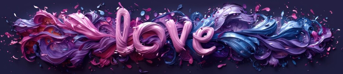 love lettering and flower 3d visualizations, organic fluid shapes, purple and pink
