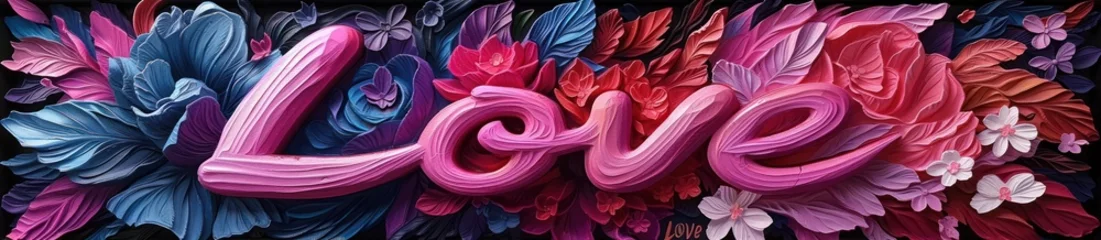 Poster love lettering and flower 3d visualizations, organic fluid shapes, purple and pink © STOCKYE STUDIO