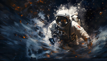 Obraz premium An astronaut walking on the surface of a desolate planet surrounded by smoke and flying debris. The astronaut, clad in a space suit, appears determined as they navigate the harsh environment