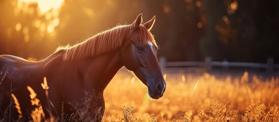 Warm Blood Horse Enjoys Evening Light in a Warm Blood Horse Evening Light Setting - obrazy, fototapety, plakaty