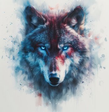 head of a wolf in watercolor with the eyes painted blue and purple