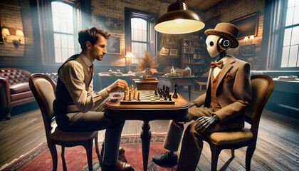 Concept of harmonious coexistence of humans and AI technology. An image showing a human and an AI robot playing a friendly game of chess or engaging in a physical sport, showcasing teamwork and strate - obrazy, fototapety, plakaty
