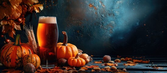Create pumpkin ale for fall season, with beer, pumpkins, wheat, and hops, against a dark backdrop.