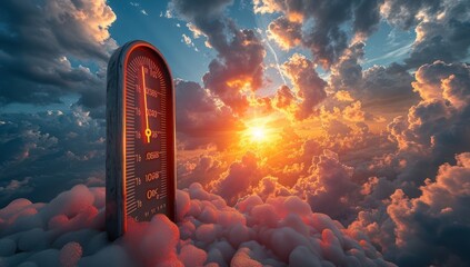 thermometer is shown above a blue sky, in the style of lens flare, global warming - obrazy, fototapety, plakaty
