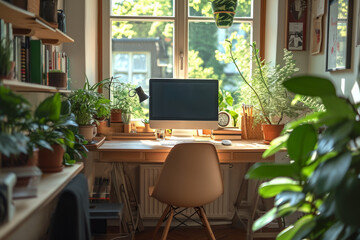 A small desk in a quiet nook of the house, providing a compact and peaceful work area. Concept of making the most of limited space in home office design. Generative Ai.