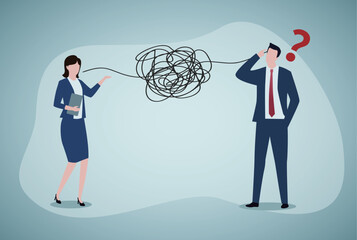 Bad communication, misunderstanding create confusion in work, miscommunicate unclear message and information concept, businessman talking through messy chaos, make other confused.