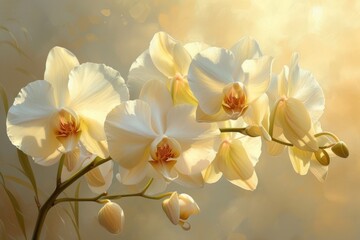 Naklejka na ściany i meble illustration of white orchids, soft watercolors, light gray and light brown