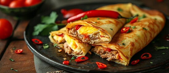 Delicious Thai Stuffed Egg Crepe with Crispy Surface: A Mouthwatering Fusion Food Delight