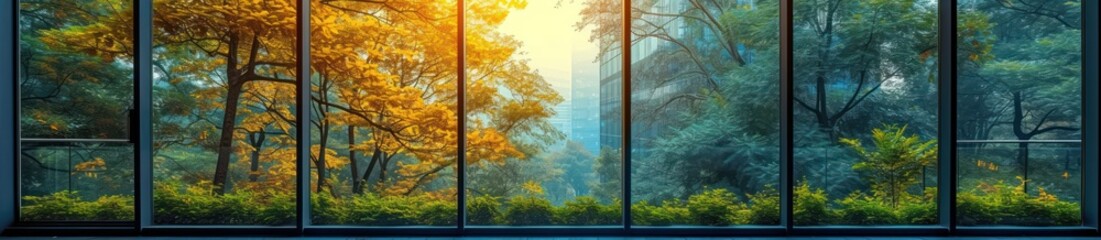 trees shine from the glass of a building, strong diagonals, nature-inspired imagery, nature
