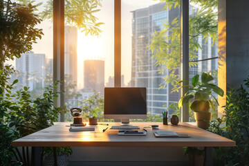A corner desk with panoramic windows, offering inspiring views and natural light. Concept of scenic and uplifting home office environments. Generative Ai.