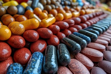 Close-up of vitamin capsules and dietary supplements. Including vitamin C, vitamin E, vitamin D3, salmon oil, fish oil and coenzyme Q10 capsules