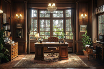A home office with a vintage design, featuring antique furniture and classic decor. Concept of...