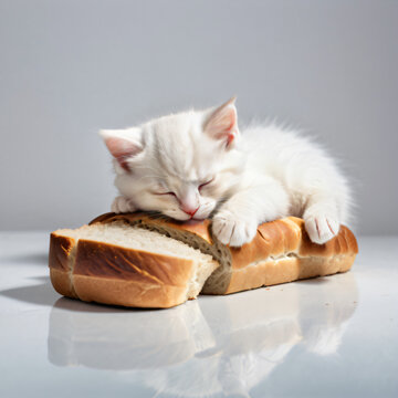 A cute kitten is sleeping on top of a bread on a simple gray background