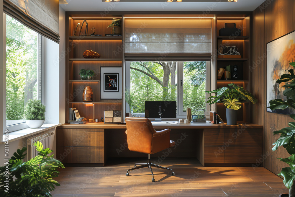 Poster a home office with a custom-built desk, tailored to specific work needs and style preferences. conce