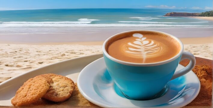cup of coffee on beach, ai generated