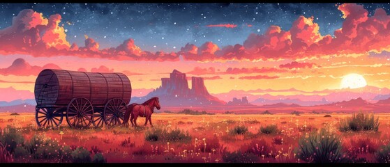 watercolor western horses and wagon background, in the style of mysterious backdrops - obrazy, fototapety, plakaty