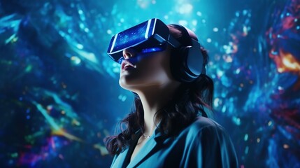 Amazed Woman in VR Headset Explores the Metaverse. Virtual Space, Gaming, Entertainment, Futuristic
