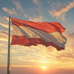 The flag of Austria waiving during sunrise.  - obrazy, fototapety, plakaty