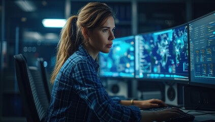woman sitting at computer in room with two monitors, in the style of scientific accuracy - obrazy, fototapety, plakaty
