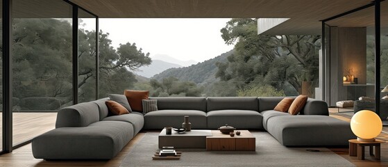 modern living room with a large grey sofa and a wooden table