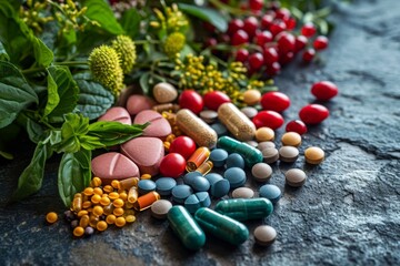 Close-up of vitamin capsules and dietary supplements. Including vitamin C, vitamin E, vitamin D3, salmon oil, fish oil and coenzyme Q10 capsules