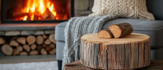 wooden stump lamp, near a fireplace on a table, in the style of captivating light effects