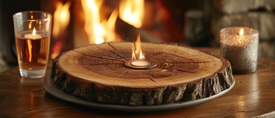 wooden stump lamp, near a fireplace on a table, in the style of captivating light effects