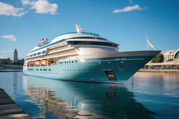Yachting Bliss: A Stately Cruise Ship Yacht Glides Through the Ocean Waves, Creating a Picture-Perfect Scene of Touristic Delight on the High Seas