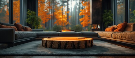 wooden stump near a fireplace on a table, in the style of captivating light effects
