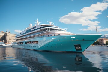 Seaside Elegance: A Cruise Ship Yacht Takes Center Stage on a Touristic Voyage, Gliding Through the Ocean Waters, Elevating the Experience of Seafaring Vacationers