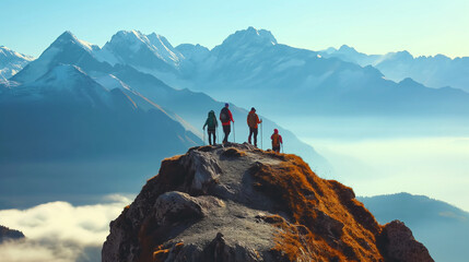 Zusammenhalt im Zeam stärken mit Teambildung Wandern in den Alpen mit Bergpanorama Personen mit Rucksack in den Alpen auf Wanderwegen und am Gipfel Generative AI