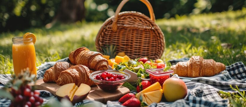Nutritious plant-based picnic, featuring fresh fruit, croissants, jam, and tropical salad on a clothed table near a basket on grass.